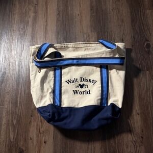 Walt Disney World 1971 Canvas Tote Bag Cream Navy Blue Travel‎ Beach Bag